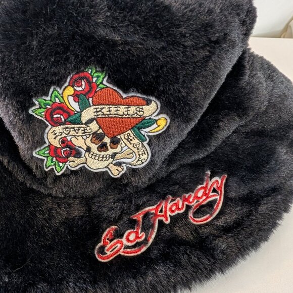 Ed Hardy Bucket Hat O/S Black Faux Fur \